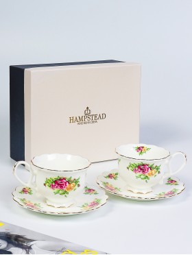 Porcelain Country Roses 2 Cups & 2 Saucers With Gift Box